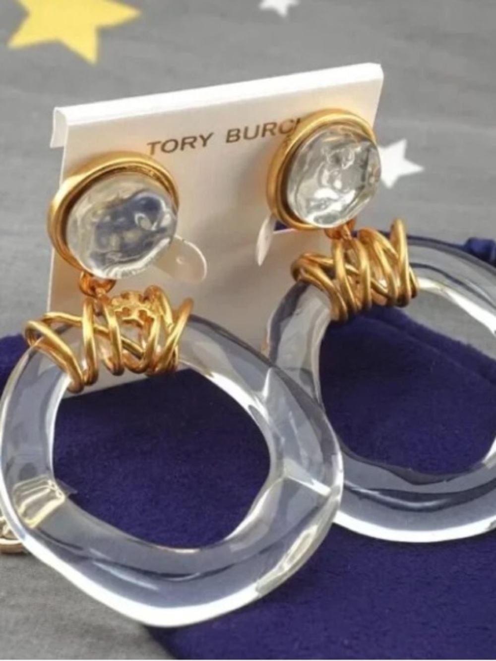 Tory Burch Clear Resin Hoop Earrings with Gold-Tone Wire Wrap